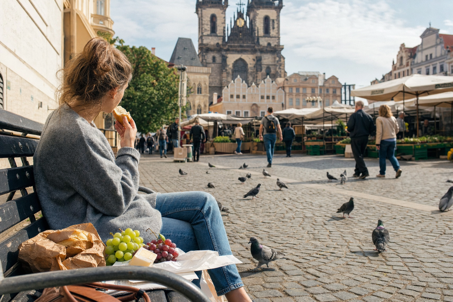 A market picnic in a European square — one of the cheapest and most enjoyable ways to eat well while travelling