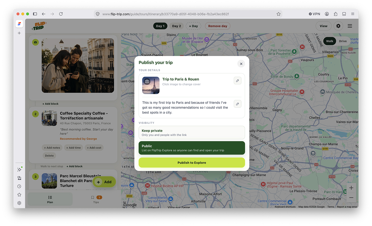 Making your trip public on FlipTrip