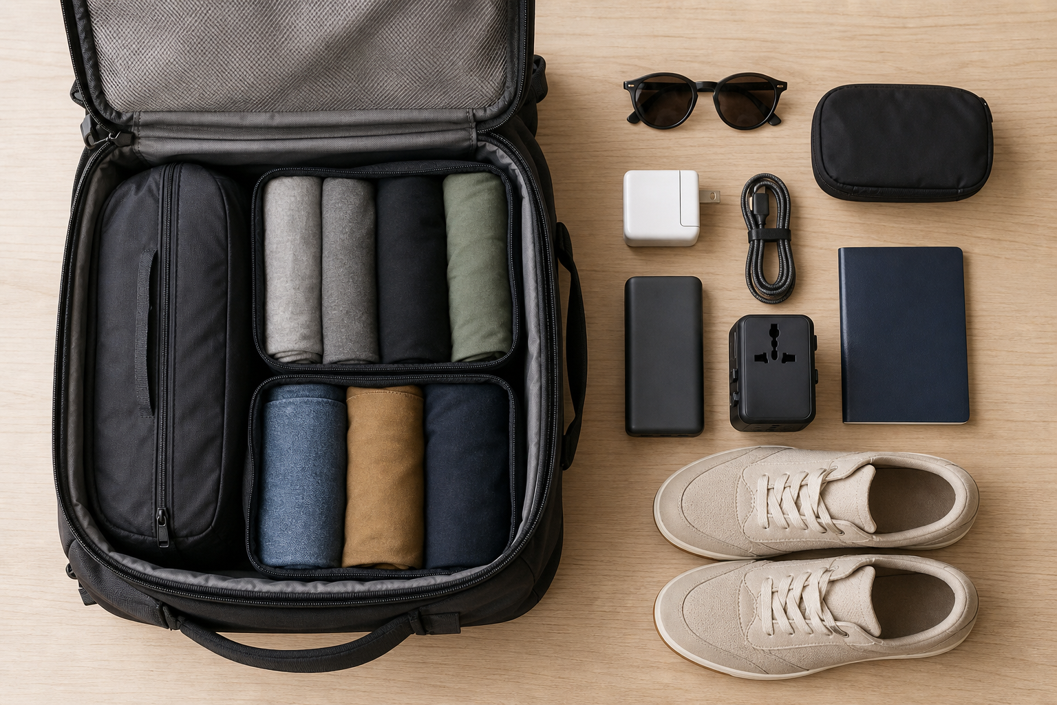 Flat lay of a one-bag travel loadout