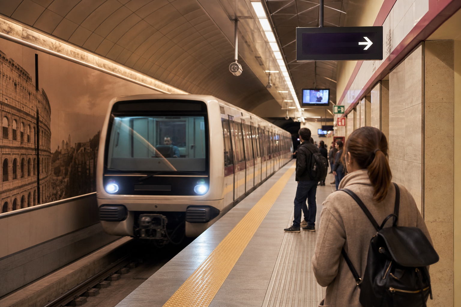 A train arriving at a Rome metro platform