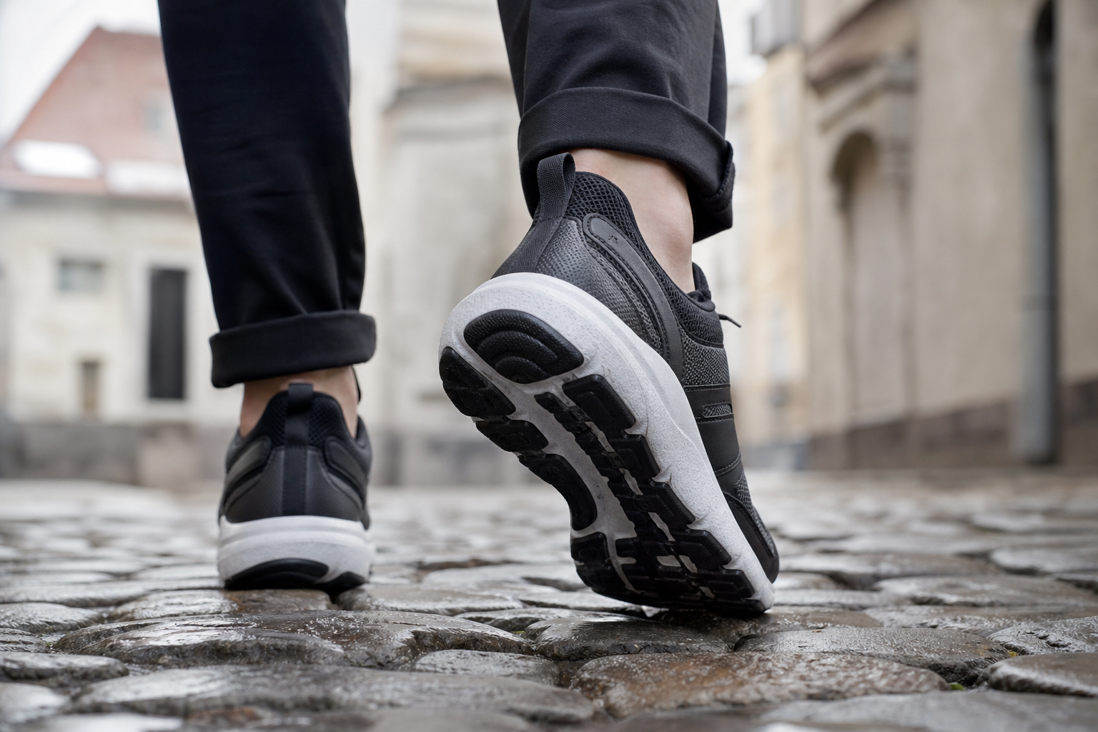 Walking sneakers on wet European cobblestones