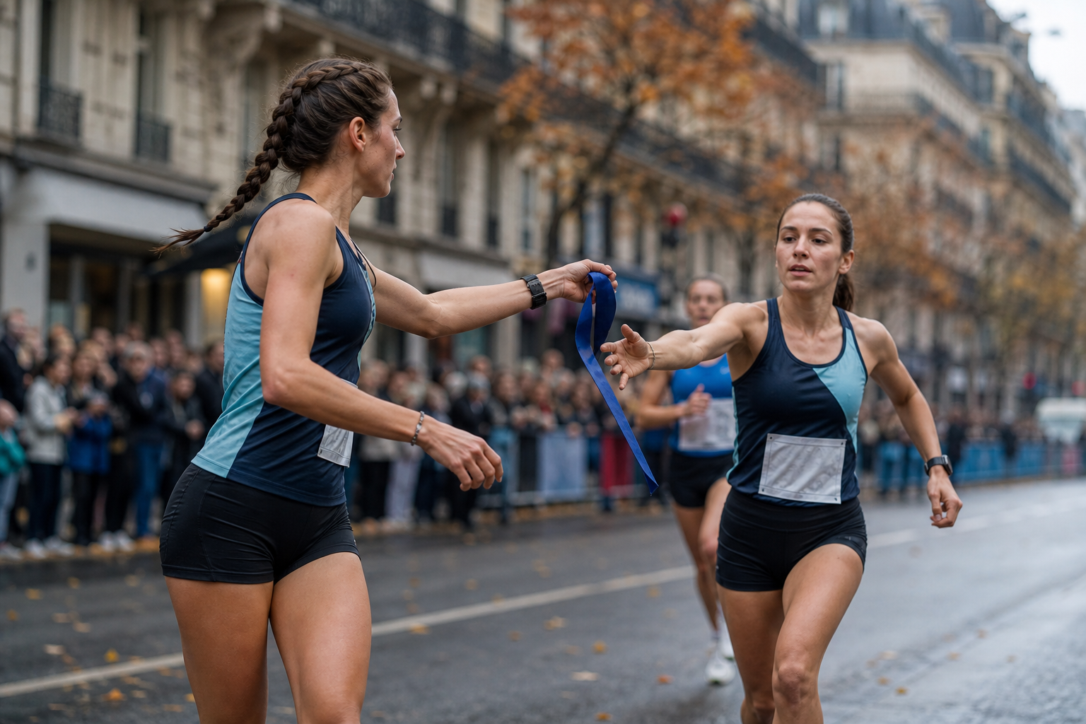 Runners exchanging the relay sash at a road race -- the defining moment of an ekiden leg change