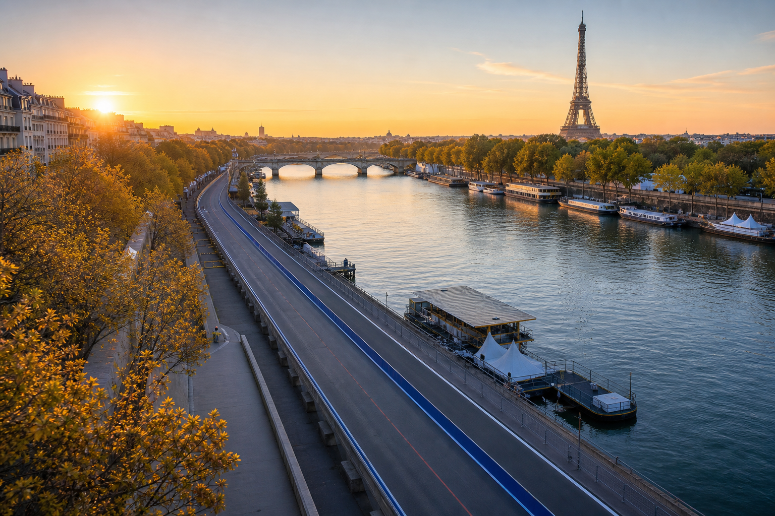 Early-morning Seine quays set up for a road race, autumn light and course barriers along the river