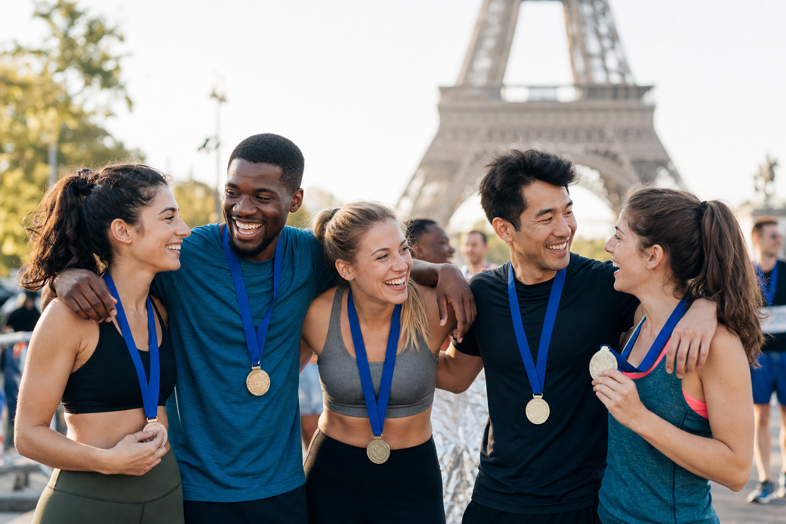 A team celebrating together after a race in Paris, medals and autumn light near iconic skyline