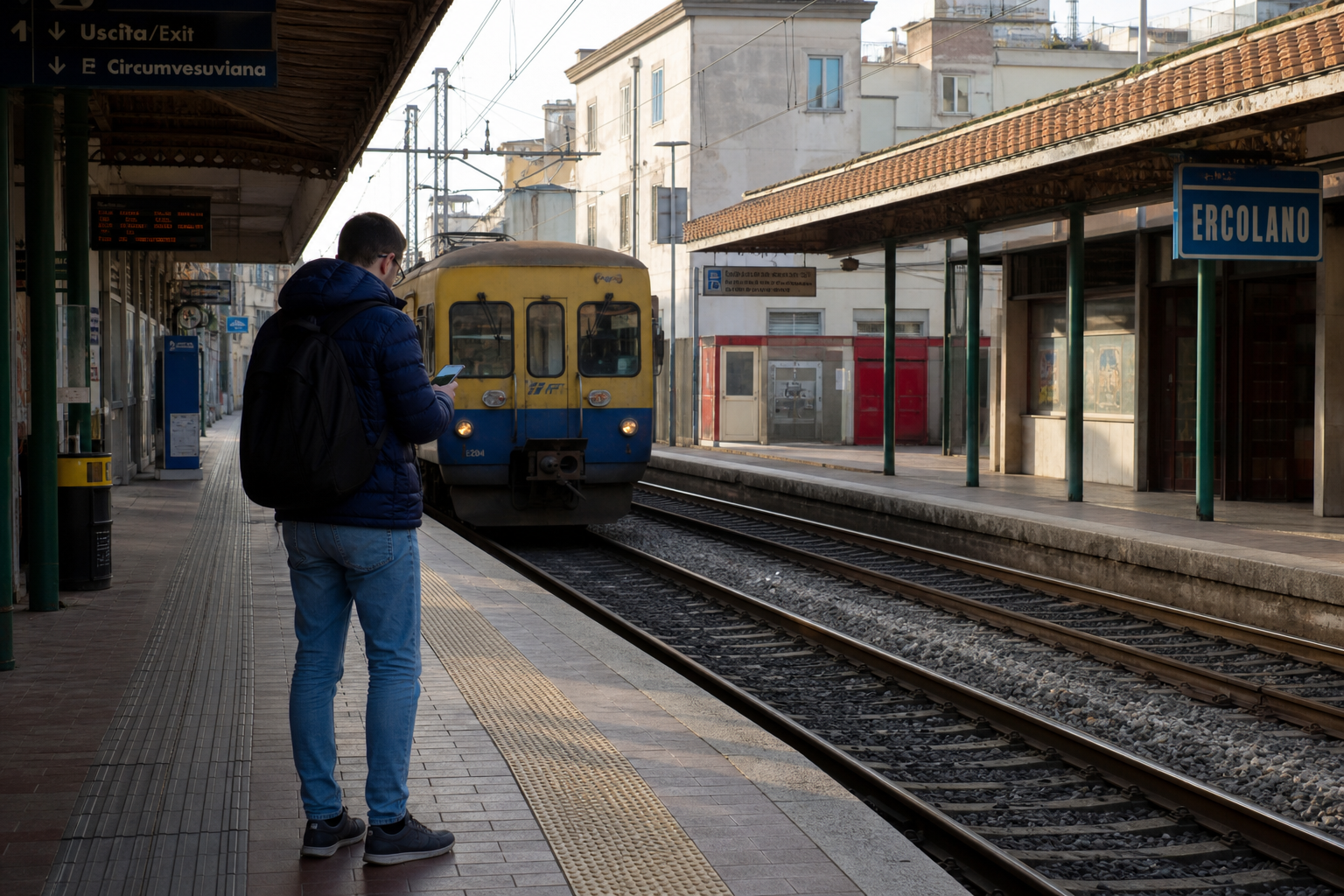 The Circumvesuviana regional train — the second leg from Naples to Pompeii that catches most travelers off guard