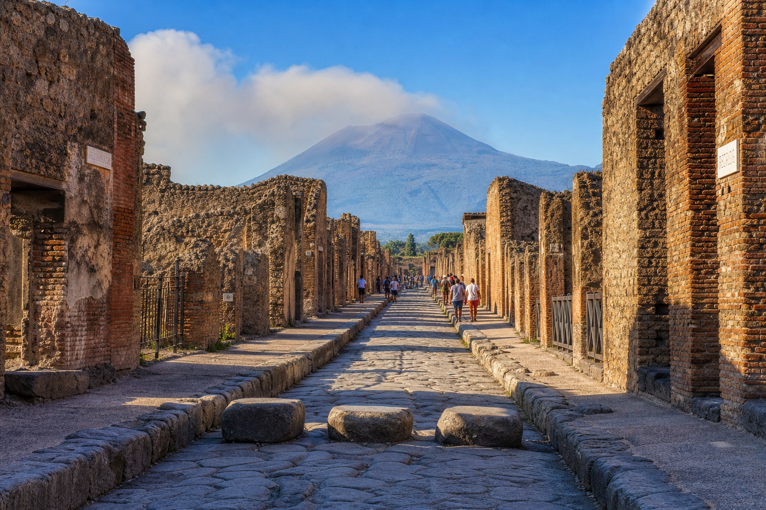 The ancient streets of Pompeii with Mount Vesuvius looming in the background — arrive early to beat the heat and the crowds