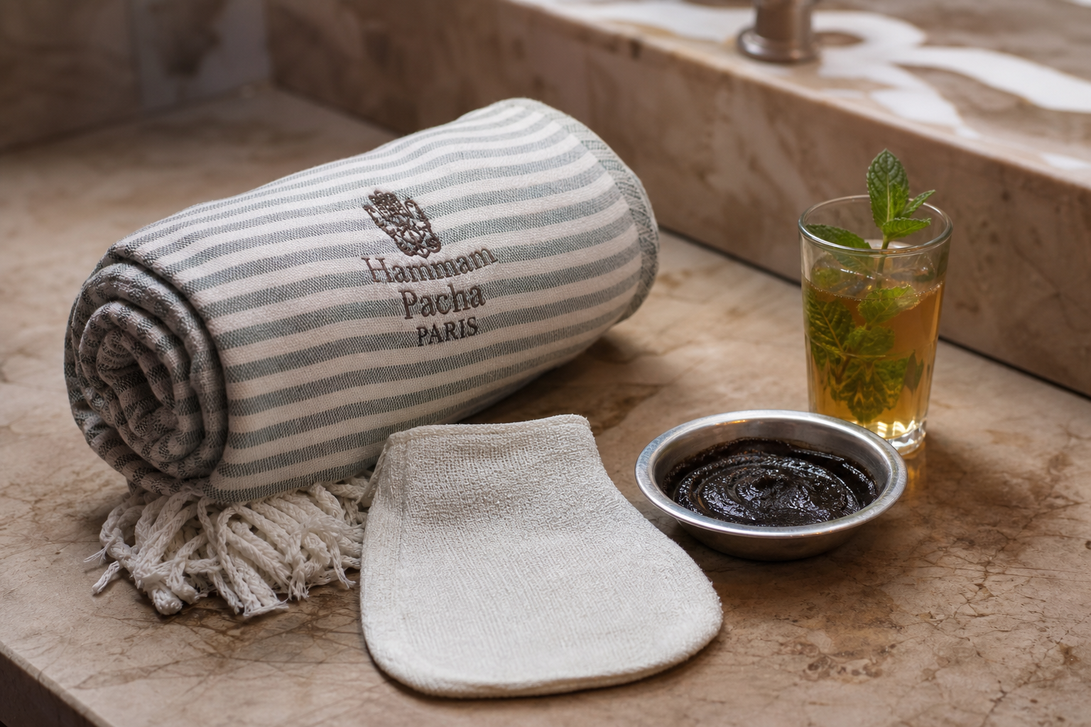 Fouta towel, kessa glove, black soap, and mint tea arranged for a hammam ritual
