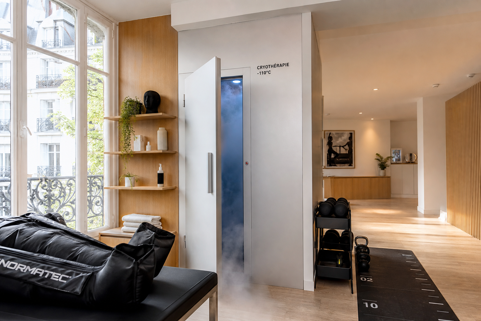 A minimalist Paris recovery studio with a cryotherapy chamber and compression recovery gear