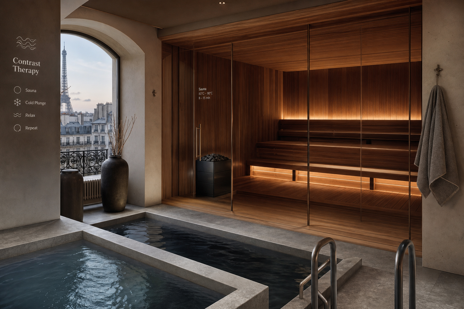 A wood-paneled sauna and stone cold-plunge pool inside a Paris contrast therapy ritual space, with the Eiffel Tower visible through the window